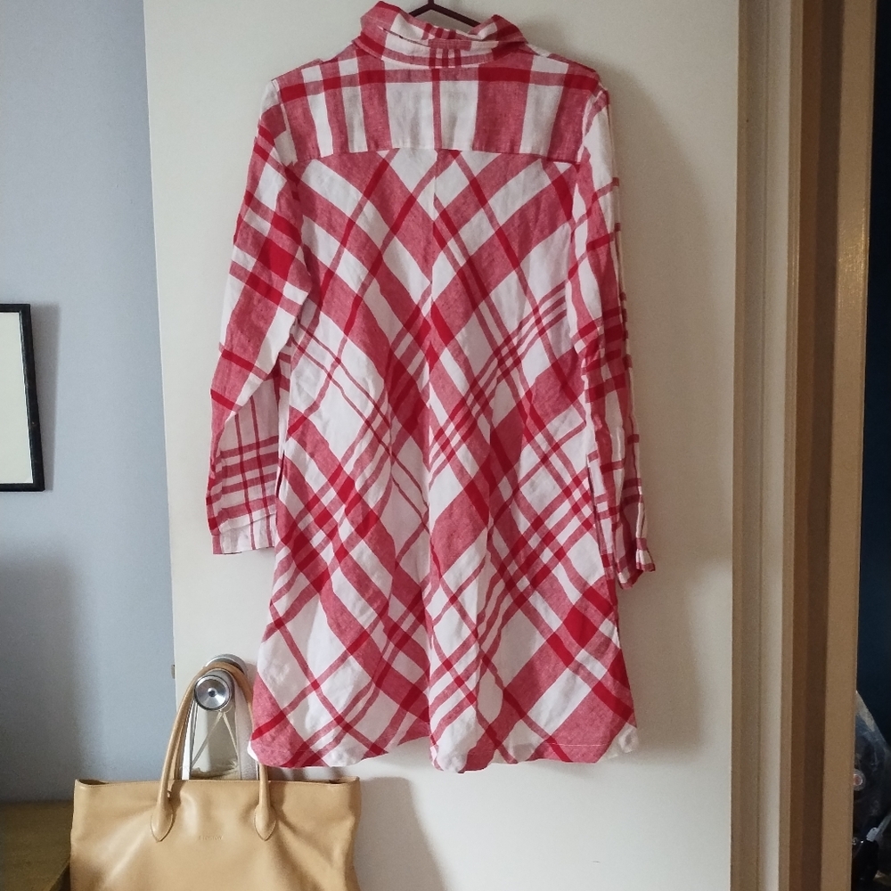 FLAX Pure Linen Red White Plaid Shirt Dress S - Picture 3 of 6